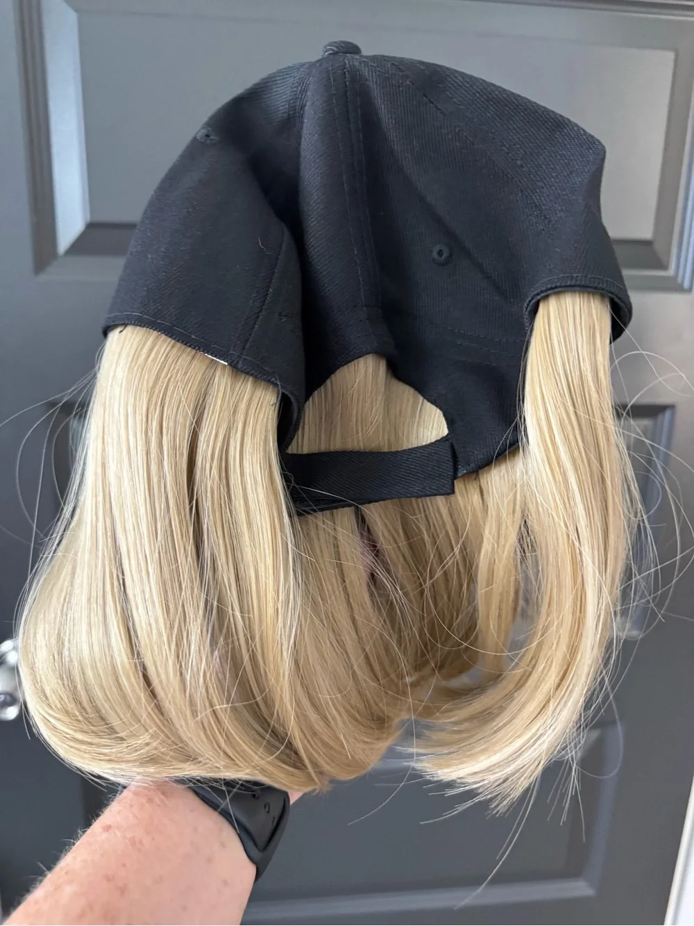 Black Baseball Cap with Blonde Wig Attachment